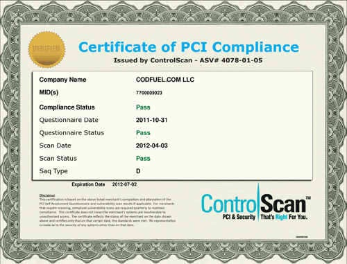 PCI Compliance Certificate